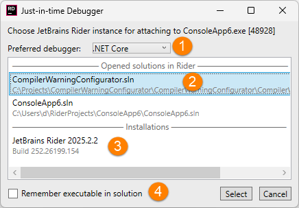 JetBrains&nbsp;Rider: Choosing how to launch just-in-time debugger