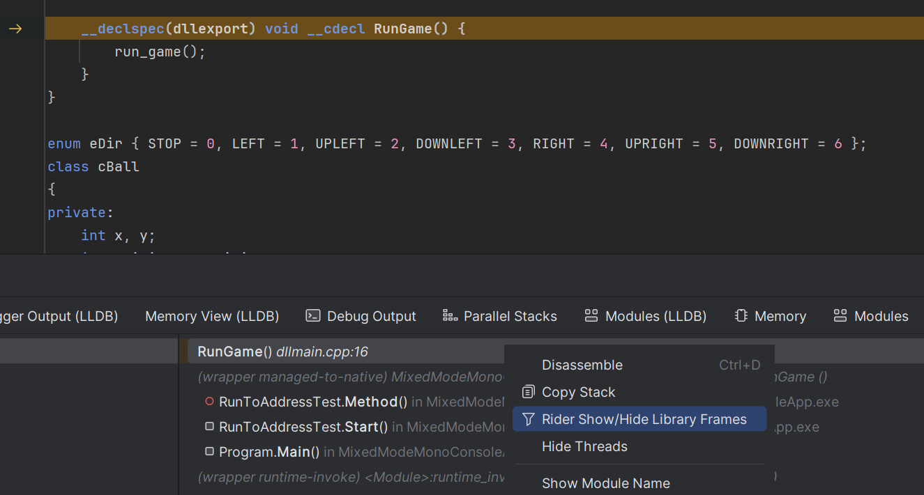 JetBrains&nbsp;Rider: View all frames in the mixed-mode debugging