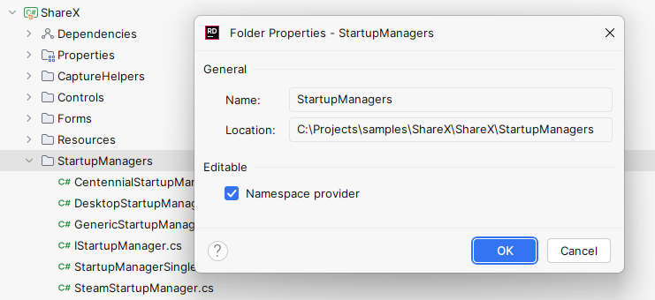 JetBrains&nbsp;Rider: 'Namespace provider' property of a project folder