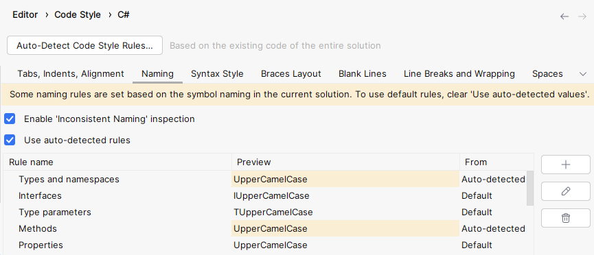 JetBrains&nbsp;Rider highlighting automatically-set naming rules with yellow