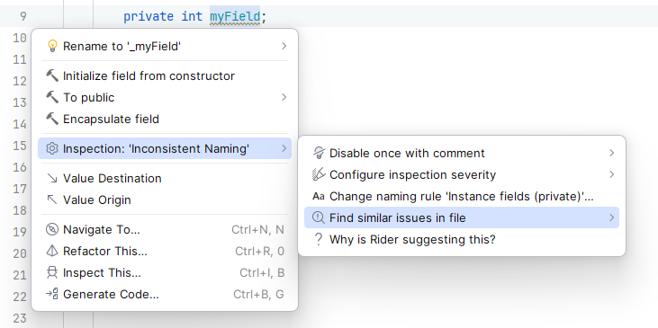 JetBrains&nbsp;Rider: Using action list to find naming style issues