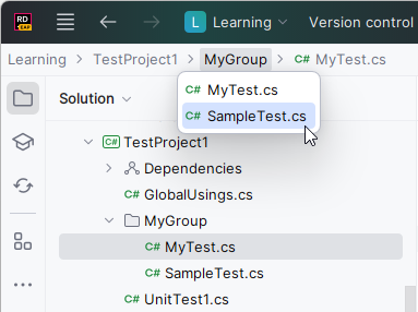JetBrains&nbsp;Rider: using navigation bar to open files
