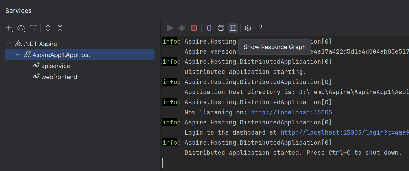 JetBrains Rider: .NET Aspire resource graph JetBrains Rider: .NET Aspire resource graph