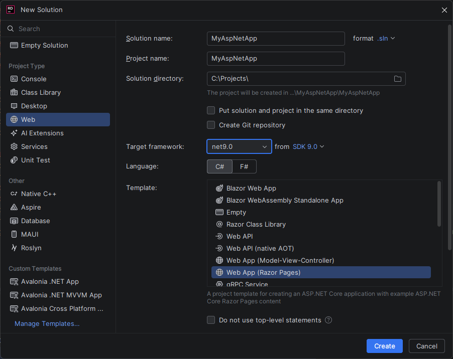 JetBrains&nbsp;Rider: New Solution dialog for ASP.NET Web app