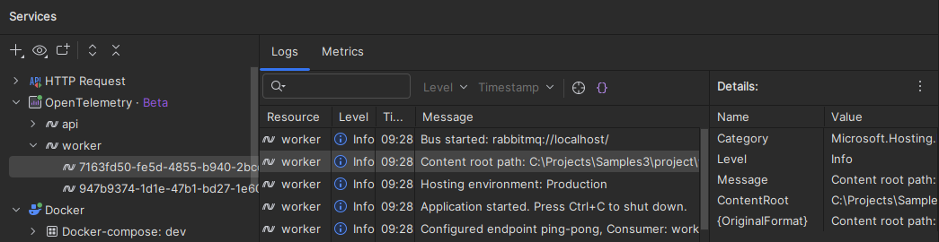JetBrains Rider: OpenTelemetry logs for a service instance JetBrains Rider: OpenTelemetry logs for a service instance