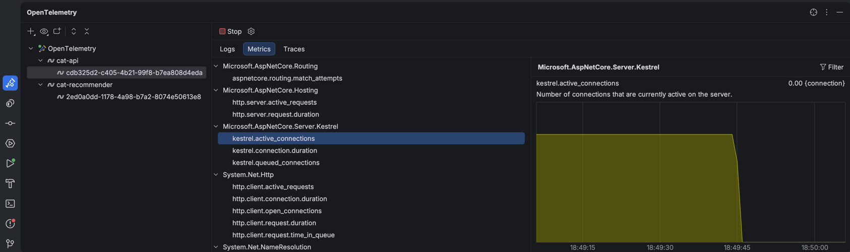JetBrains Rider: OpenTelemetry metric chart JetBrains Rider: OpenTelemetry metric chart