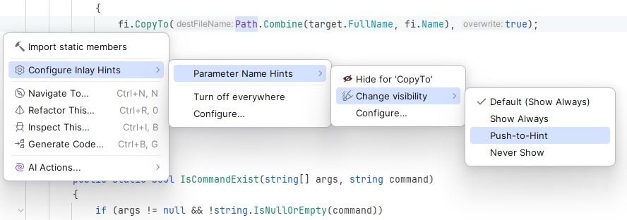 JetBrains&nbsp;Rider: configuring parameter name hints from the Alt+Enter menu