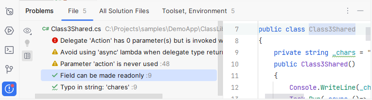 JetBrains&nbsp;Rider: Problems tool window. Current File tab