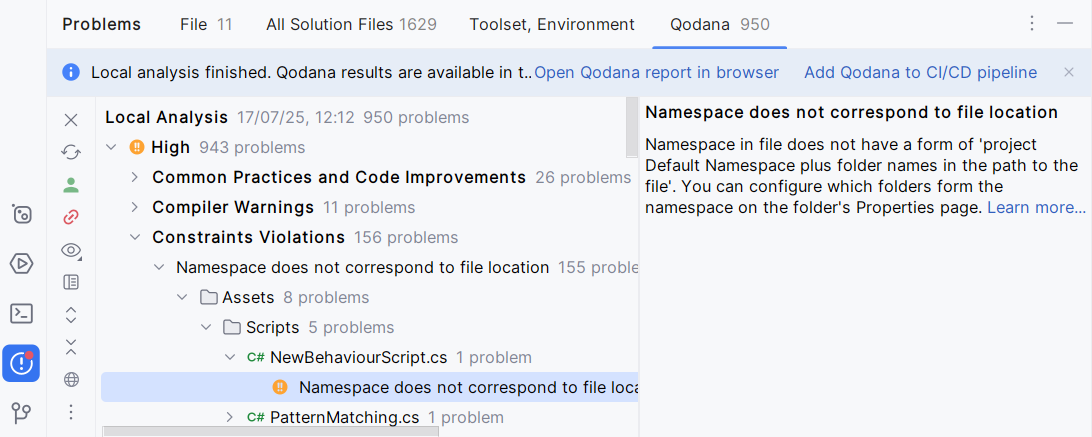 JetBrains&nbsp;Rider: Qodana inspection results in the Problems window