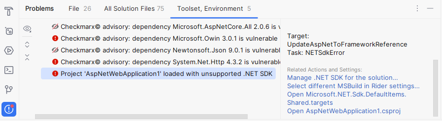 JetBrains&nbsp;Rider: Problems window. Toolset, Environment tab