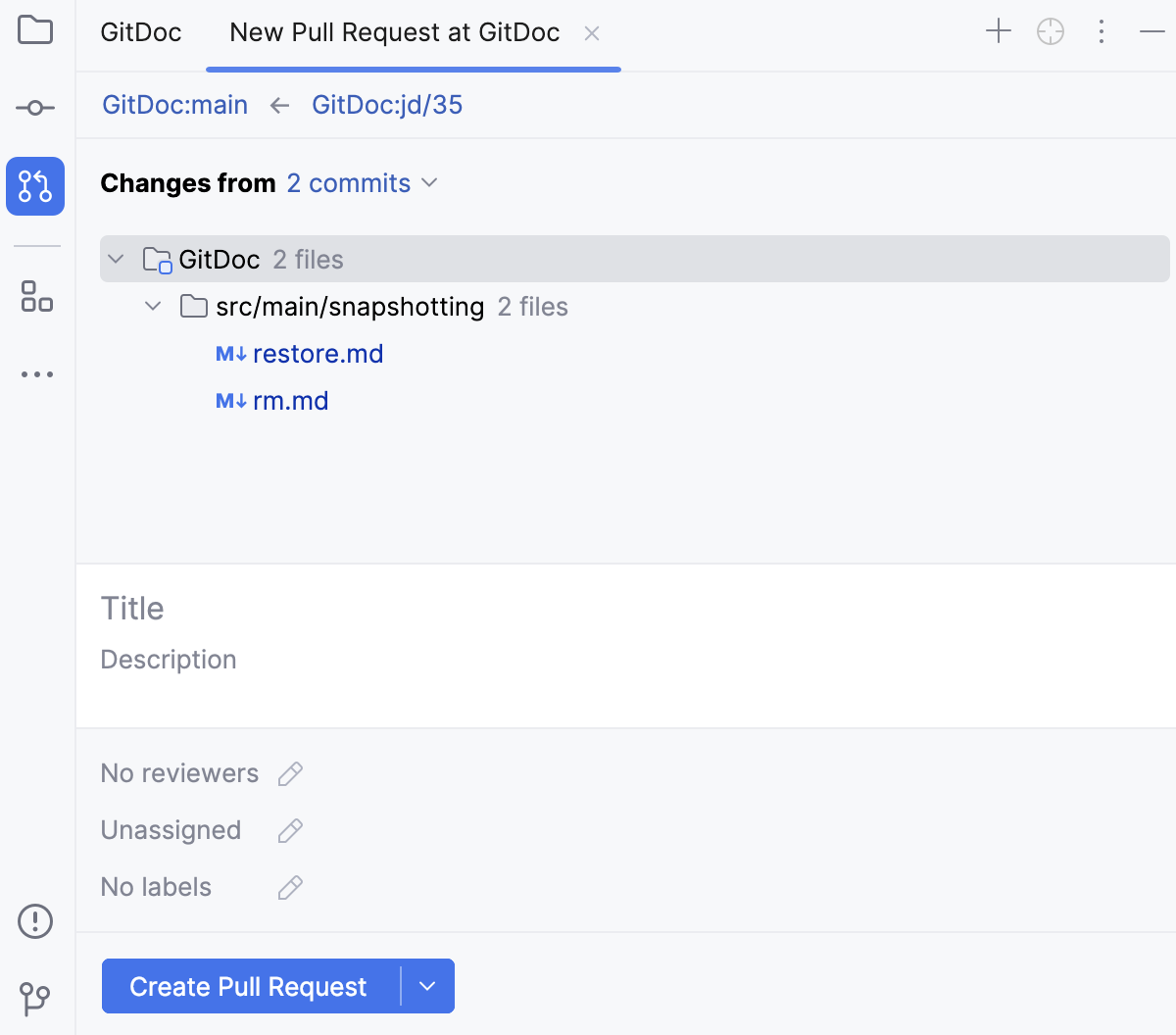 Pull Requests tool window with a new pull request