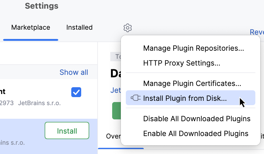 The Plugins settings page with the settings menu open, showing the "Install Plugin from Disk" option.