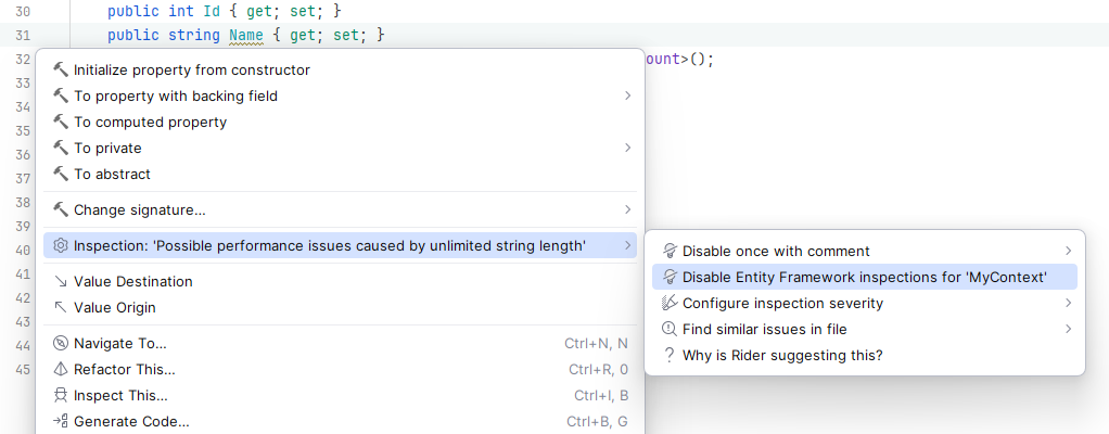 JetBrains&nbsp;Rider: Disabling Entity Framework inspections for a DB context class from the 'Alt+Enter' menu