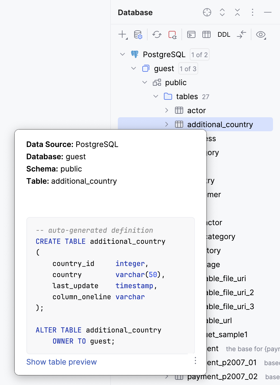 Table information in Quick Documentation popup in the Database tool window Table information in Quick Documentation popup in the Database tool window