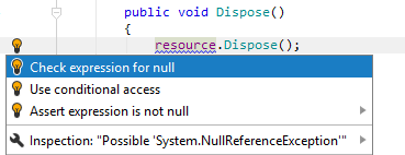 JetBrains&nbsp;Rider: Check expression for null quick-fix