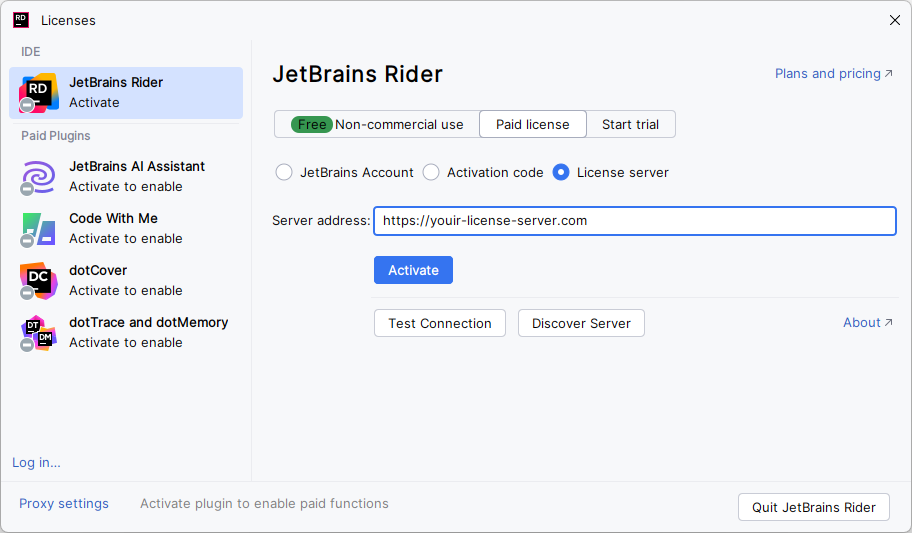 Activate JetBrains&nbsp;Rider license with a license server