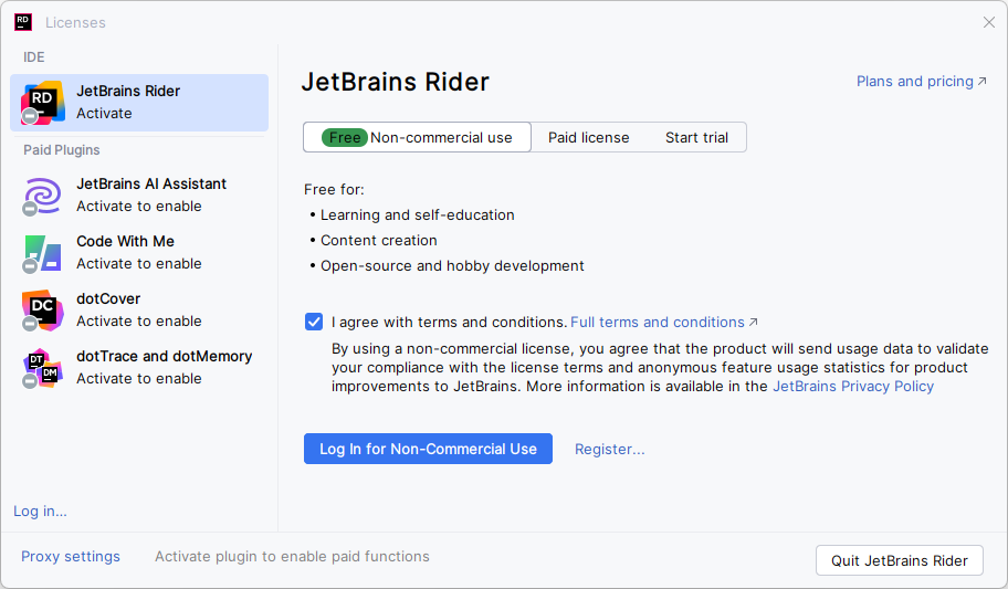 JetBrains&nbsp;Rider: The Licenses dialog with the option to activate a free license