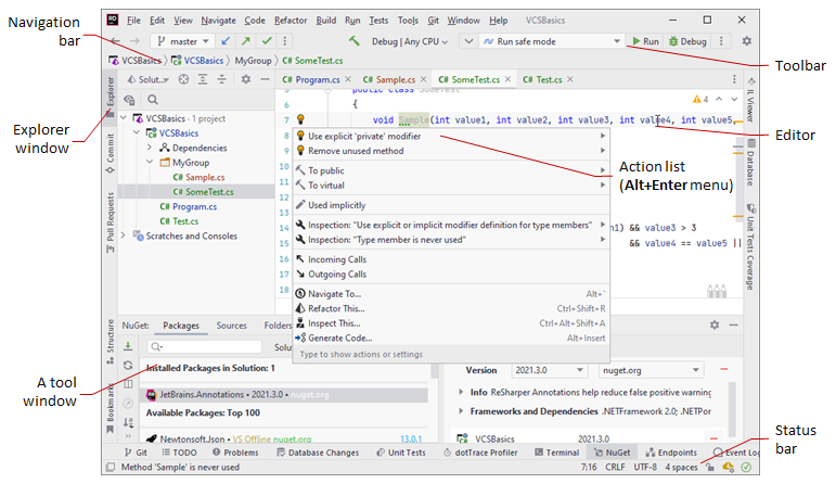 JetBrains&nbsp;Rider main window in the classic UI