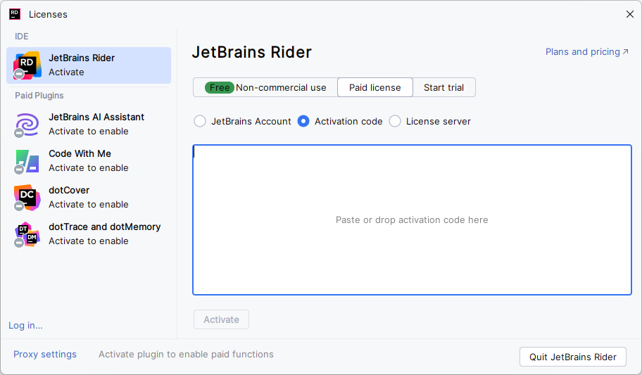 Activate JetBrains&nbsp;Rider license with an activation code