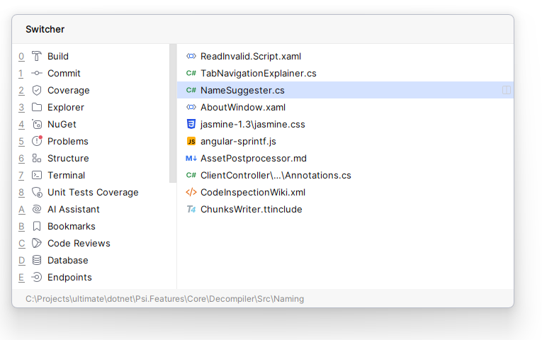 JetBrains&nbsp;Rider: Switcher popup