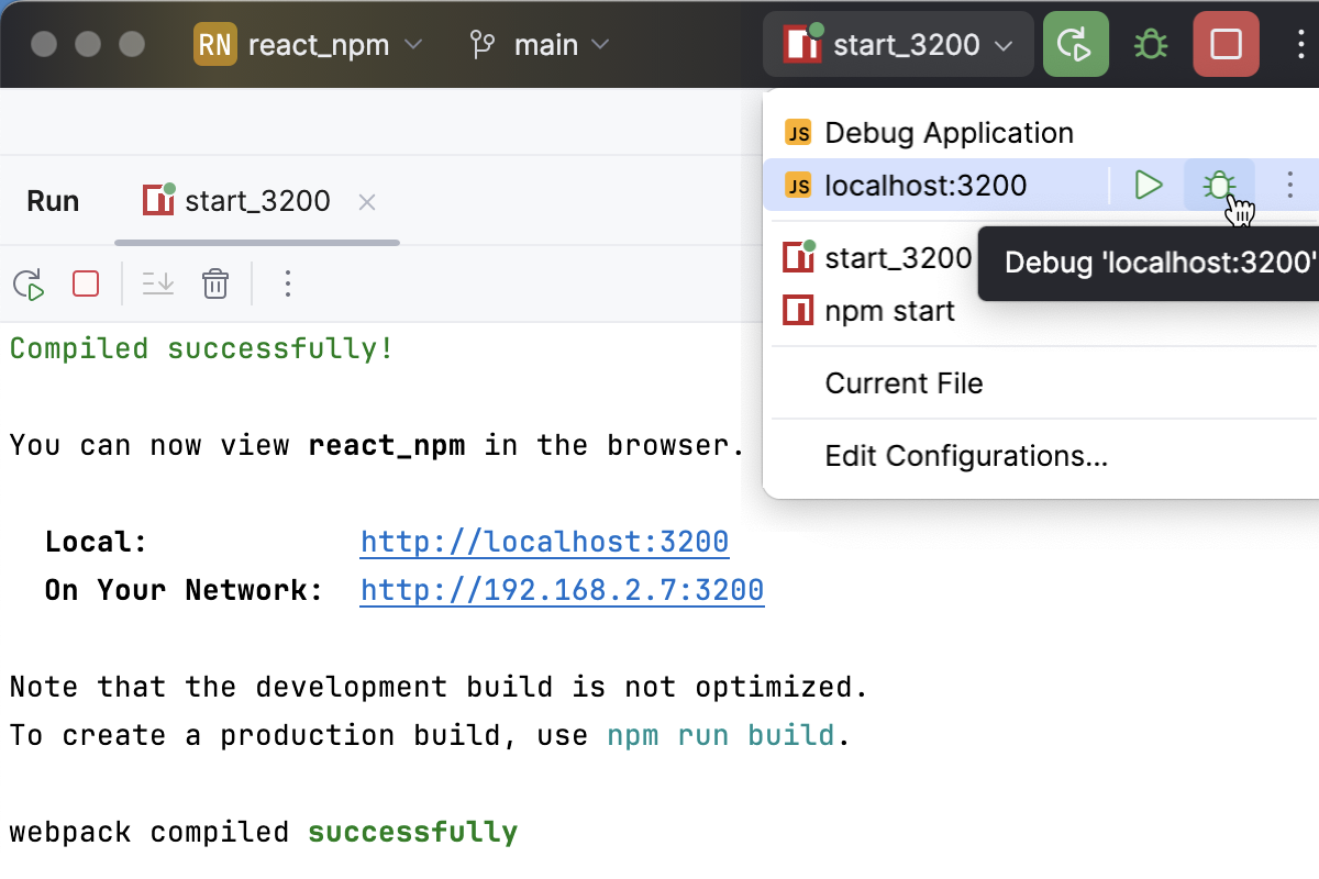 Run a JavaScript Debug configuration from the Run widget Run a JavaScript Debug configuration from the Run widget
