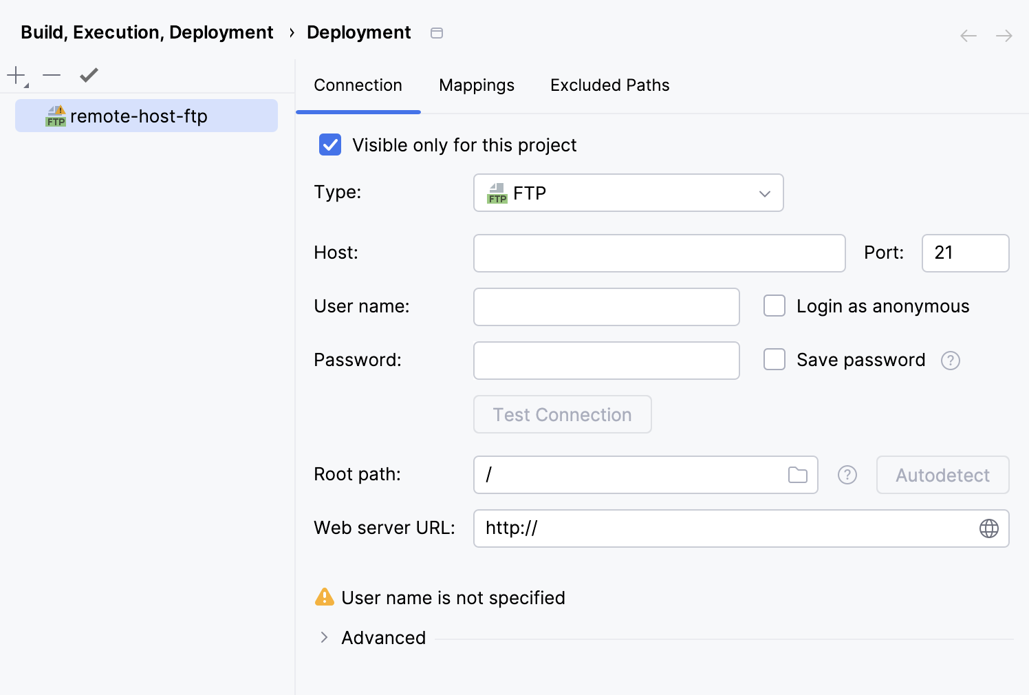 Create remote host FTP, FTPS, WebDav connection Create remote host FTP, FTPS, WebDav connection