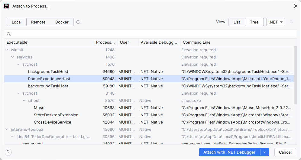 Search for a process to attach Search for a process to attach
