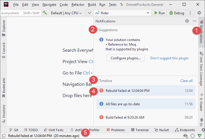 Notifications tool window in JetBrains&nbsp;Rider with Timeline section showing notifications and events