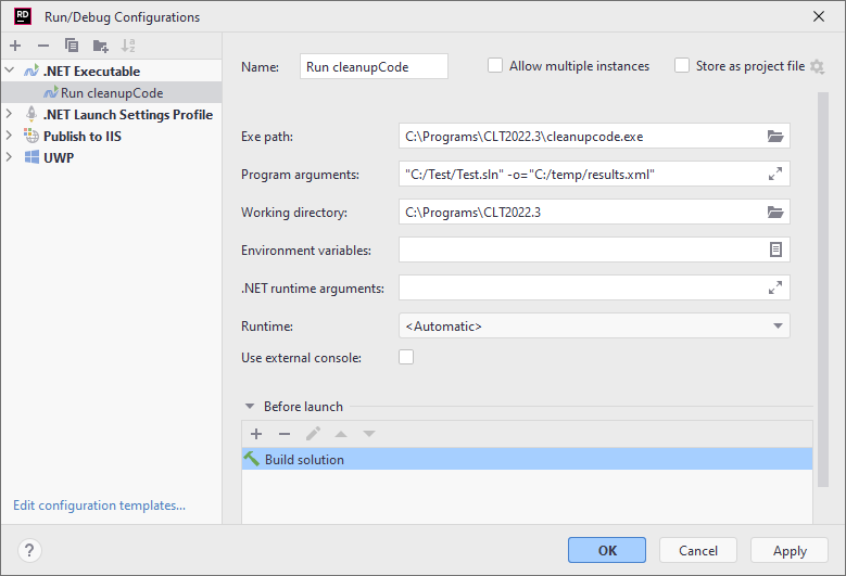 JetBrains&nbsp;Rider run configuration: .NET Executable