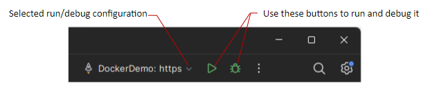 JetBrains&nbsp;Rider: run/debug configuration controls on the toolbar