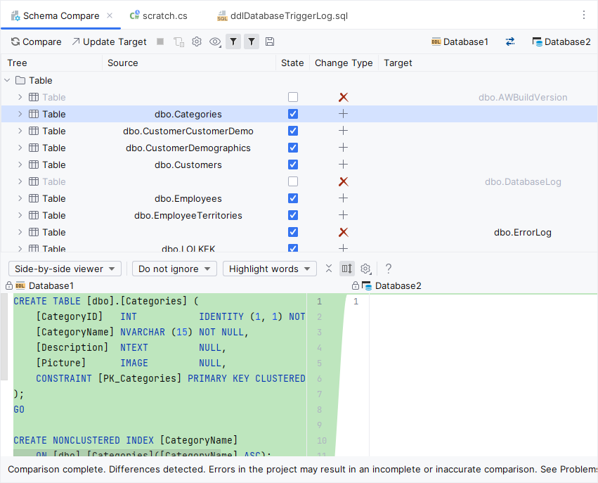 JetBrains&nbsp;Rider: Compare and update database schemas