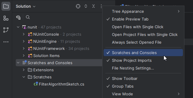 JetBrains&nbsp;Rider: Hide Scratches and Consoles
