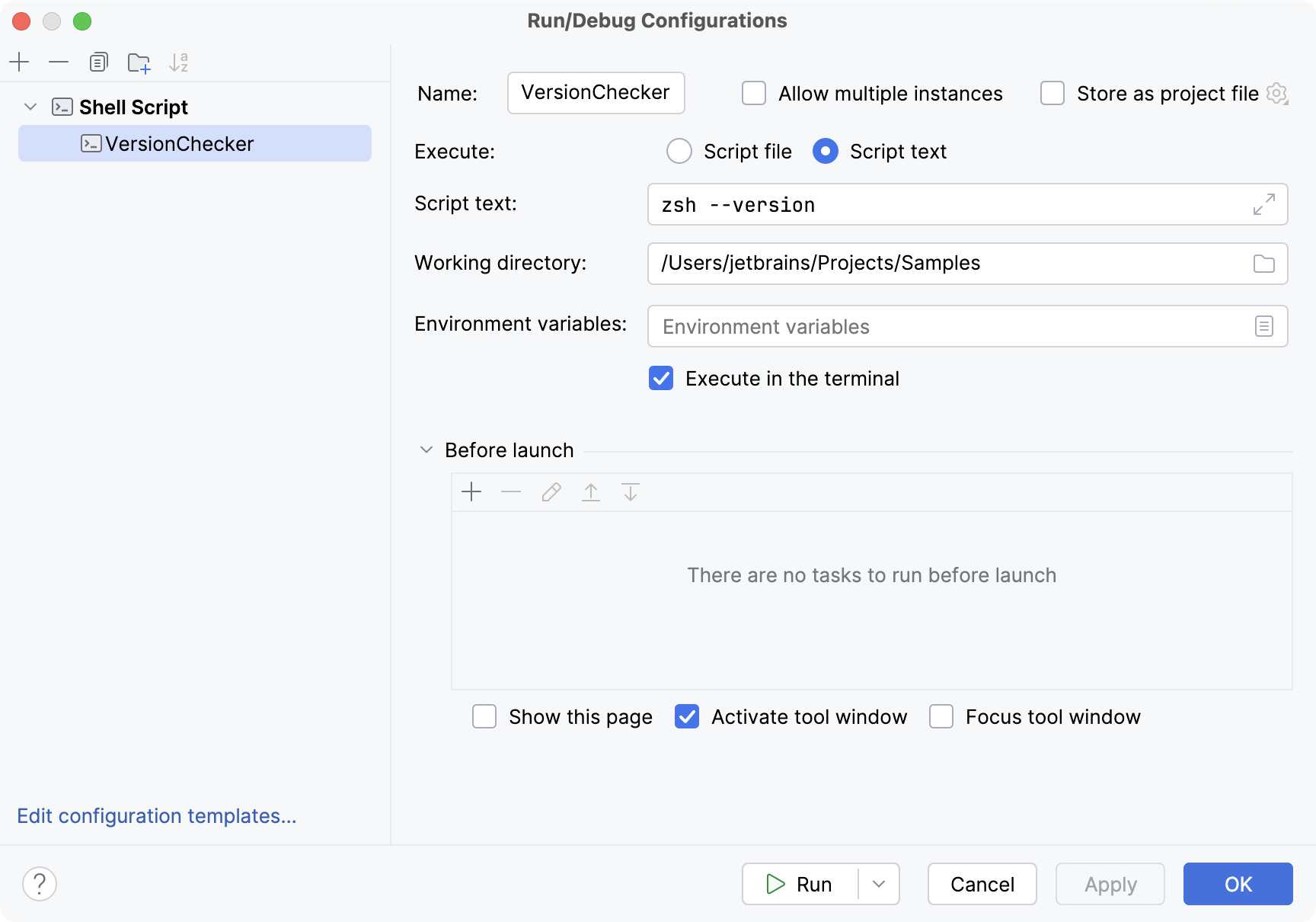 Shell Script run/debug configuration