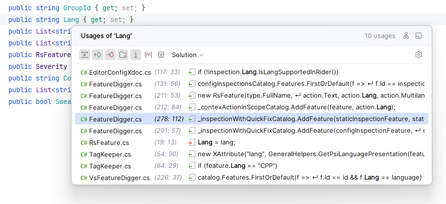 JetBrains&nbsp;Rider: Show Usages popup