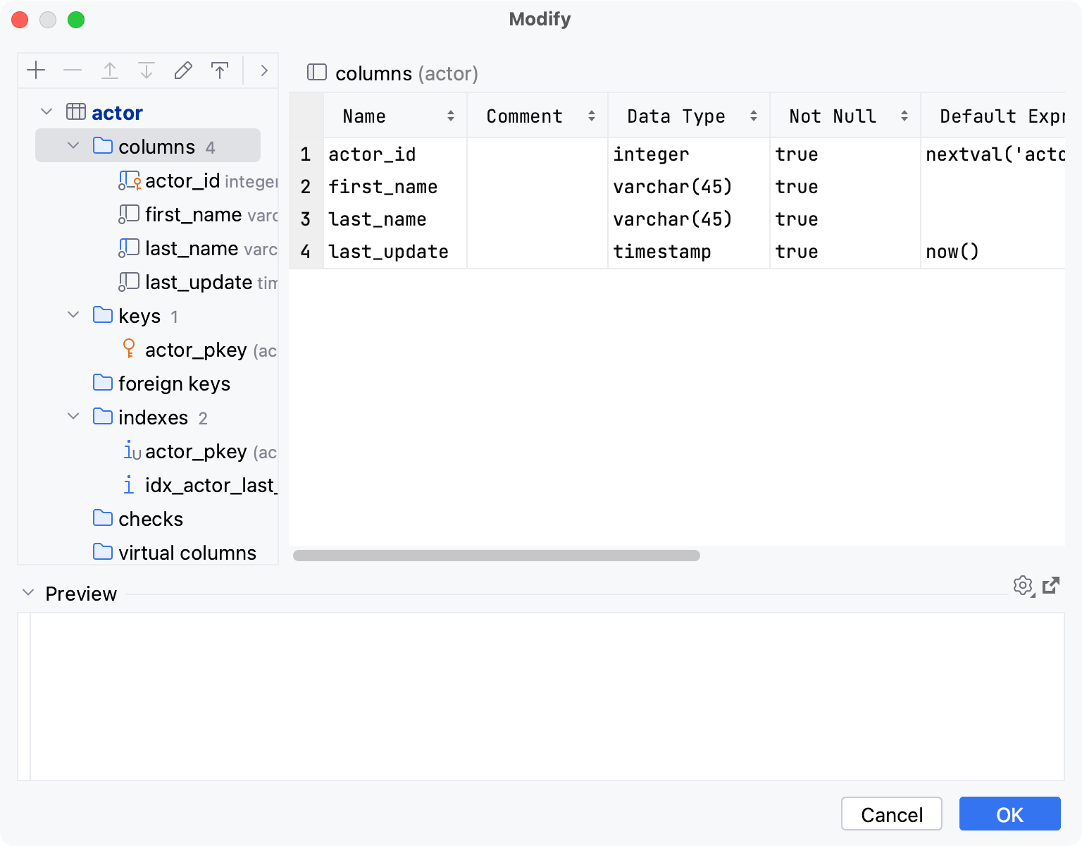 Table with similar database objects in a family node of a Modify dialog Table with similar database objects in a family node of a Modify dialog