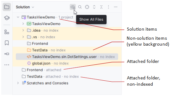 JetBrains Rider: Solution Explorer with the 'Show All Files' option enabled JetBrains Rider: Solution Explorer with the 'Show All Files' option enabled