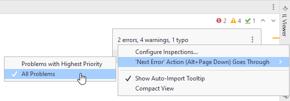 JetBrains&nbsp;Rider: configuring behavior for navigating between code issues