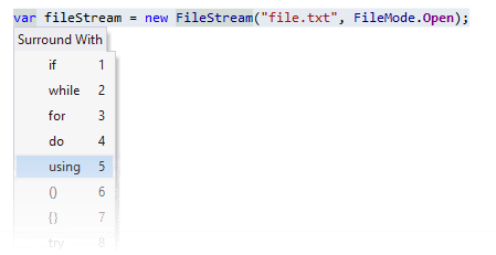 JetBrains Rider: Surrounding statments with 'using' JetBrains Rider: Surrounding statments with 'using'