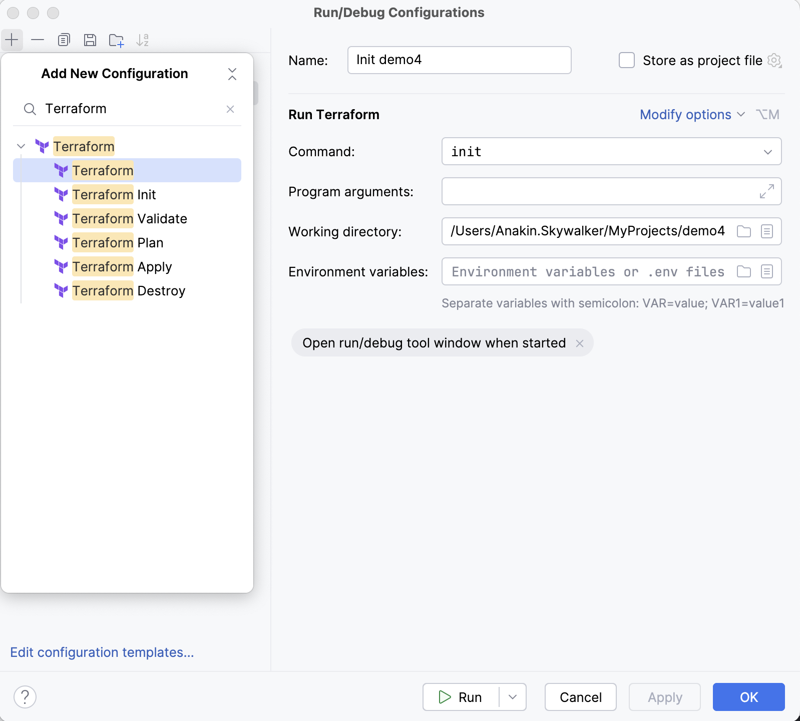 Terraform run configuration Terraform run configuration