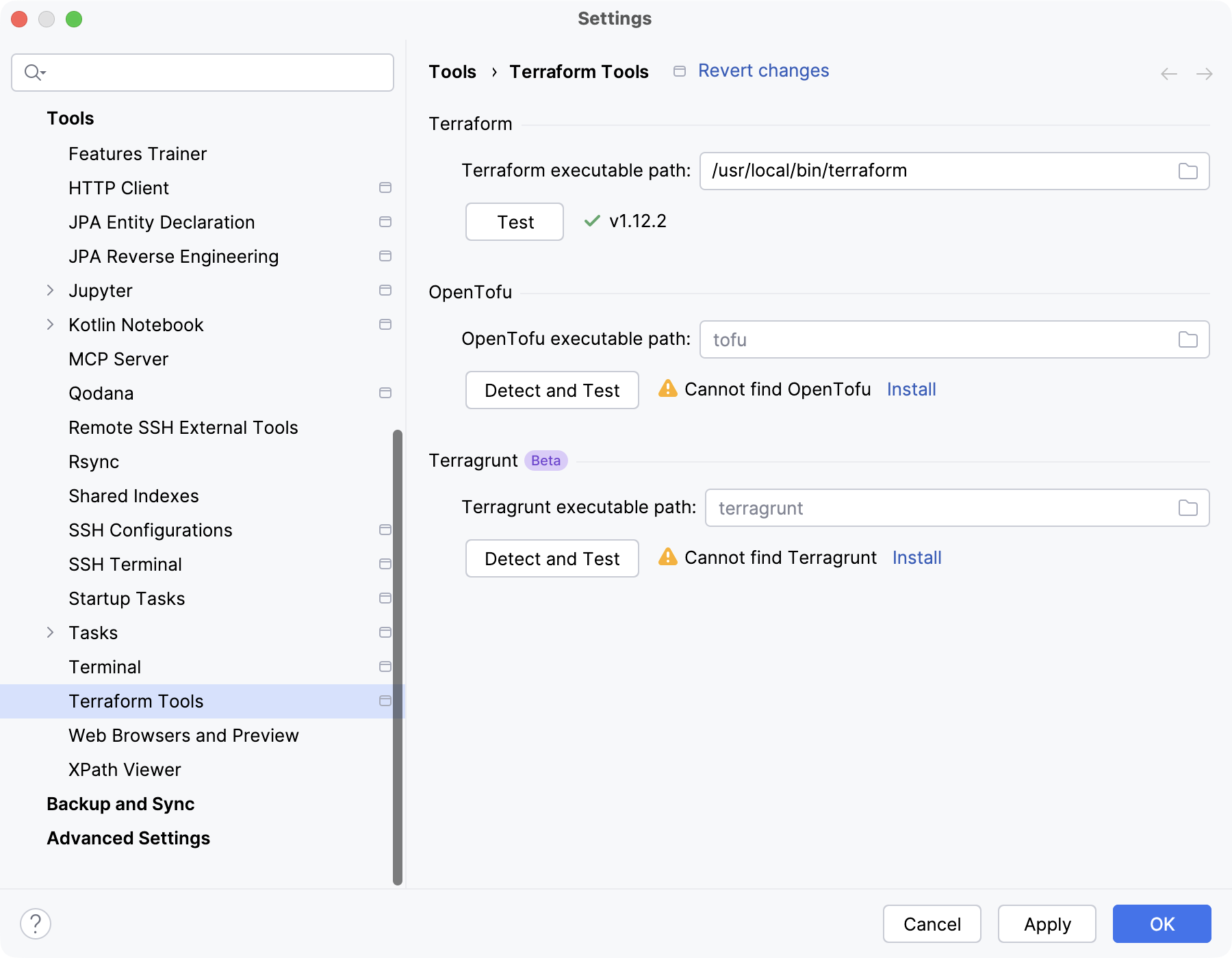 Terraform Tools settings Terraform Tools settings
