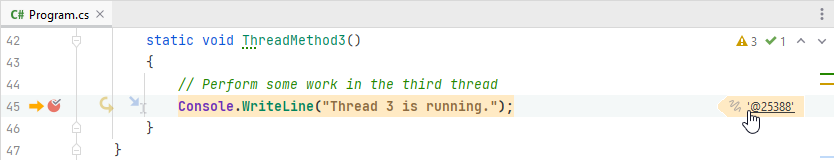 JetBrains&nbsp;Rider: Thread ID shown in the editor