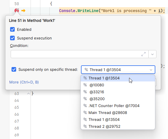 JetBrains&nbsp;Rider: Making a breakpoint thread-specific