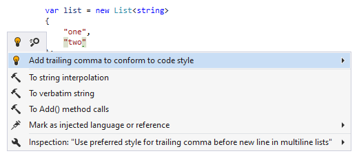 JetBrains&nbsp;Rider syntax style inspection: Add trailing comma