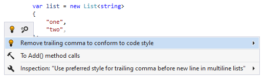 JetBrains&nbsp;Rider syntax style inspection: Remove trailing comma