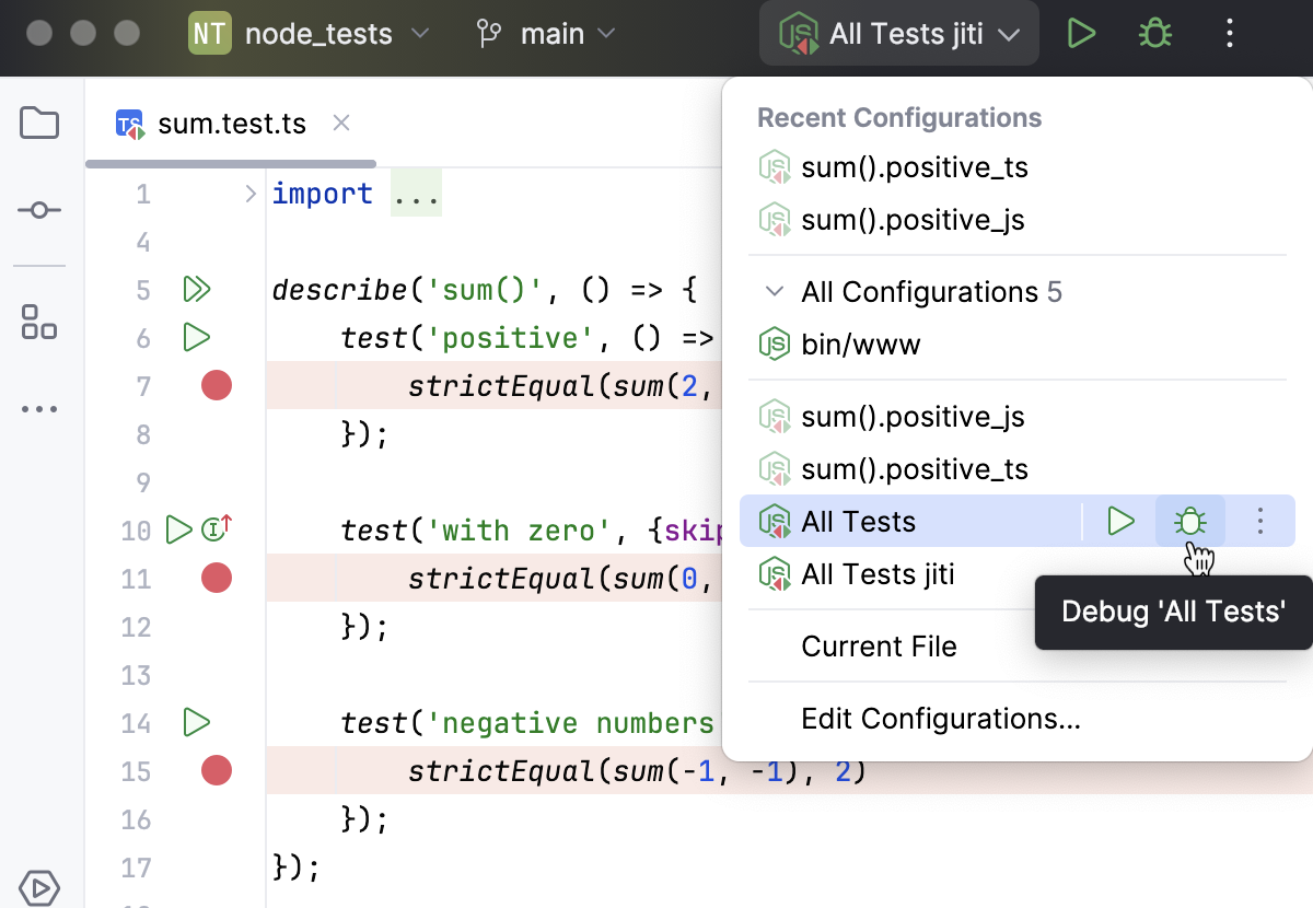 TypeScript testing: debug test via a run/debug configuration TypeScript testing: debug test via a run/debug configuration