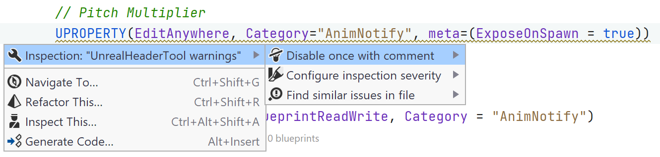 JetBrains Rider: Clang-Tidy inspection menu JetBrains Rider: Clang-Tidy inspection menu