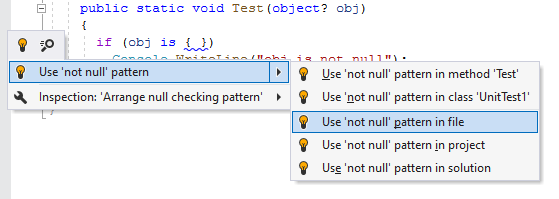 JetBrains&nbsp;Rider syntax style inspection: Use 'not null' pattern