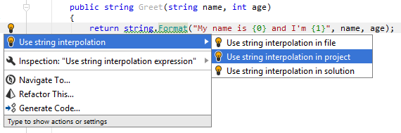 JetBrains&nbsp;Rider: Converting a usage of String.Format to string interpolation