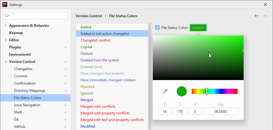 JetBrains&nbsp;Rider: Configure VCS file status colors