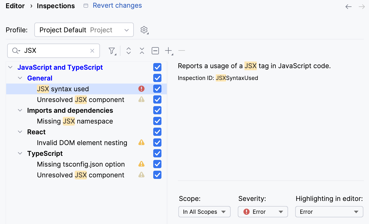 Enable the React JSX syntax inspection Enable the React JSX syntax inspection